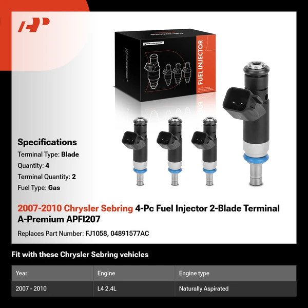 2007-2010 Chrysler Sebring 4-Pc Fuel Injector 2-Blade Terminal A-Premium APFI207