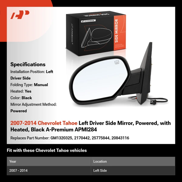 2007-2014 Chevrolet Tahoe Left Driver Side Mirror, Powered, with Heated, Black A-Premium APMI284