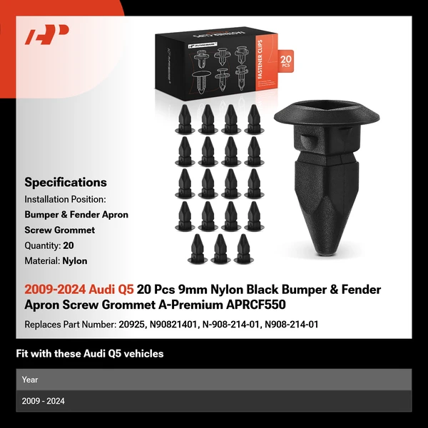 2009-2024 Audi Q5 20 Pcs 9mm Nylon Black Bumper & Fender Apron Screw Grommet A-Premium APRCF550