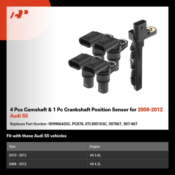 4 Pcs Camshaft & 1 Pc Crankshaft Position Sensor for 2008-2012 Audi S5
