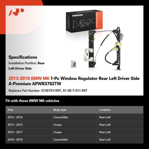 2013-2018 BMW M6 1-Pc Window Regulator Rear Left Driver Side A-Premium APWR3782TW