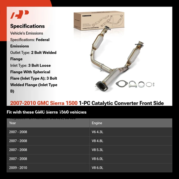 2007-2010 GMC Sierra 1500 1-PC Catalytic Converter Front Side Fit Federal Emissions A-Premium APCCT400