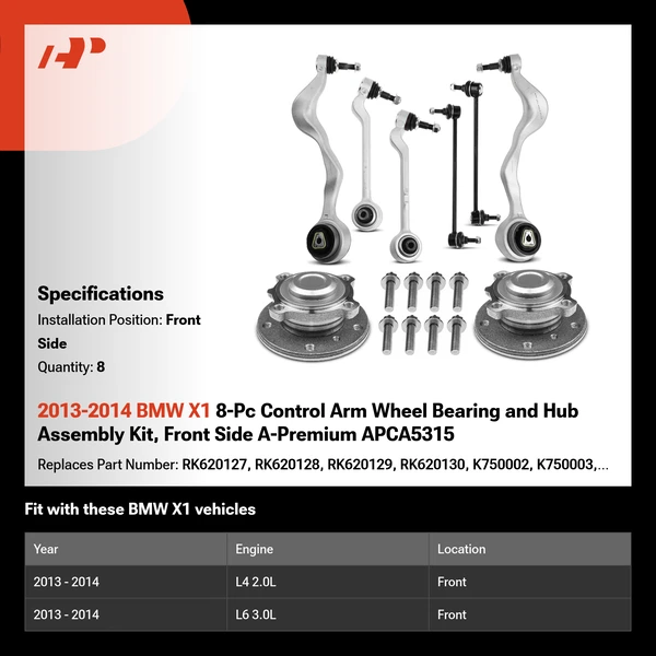 2013-2014 BMW X1 8-Pc Control Arm Wheel Bearing and Hub Assembly Kit, Front Side A-Premium APCA5315