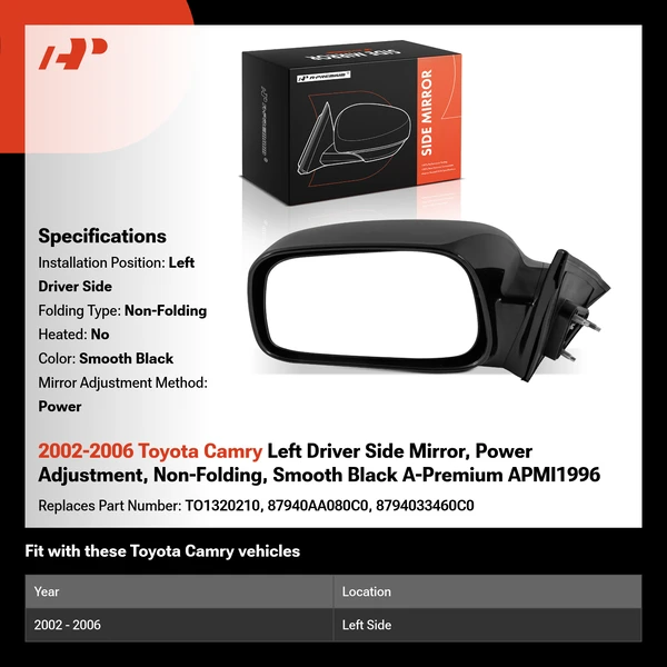 2002-2006 Toyota Camry Left Driver Side Mirror, Power Adjustment, Non-Folding, Smooth Black A-Premium APMI1996