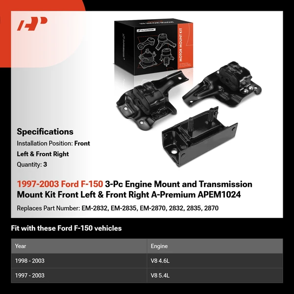 1997-2003 Ford F-150 3-Pc Engine Mount and Transmission Mount Kit Front Left & Front Right A-Premium APEM1024
