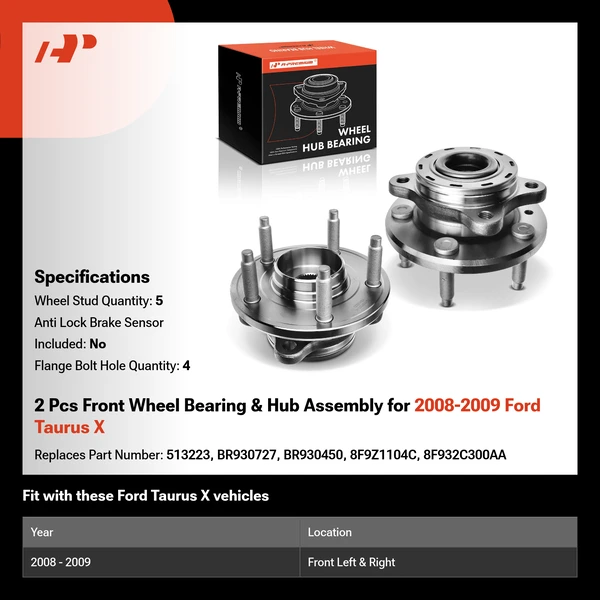 2 Pcs Front Wheel Bearing & Hub Assembly for 2008-2009 Ford Taurus X