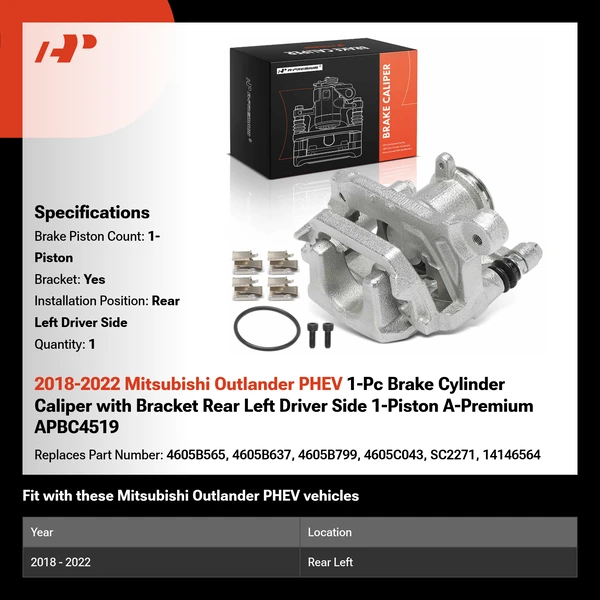 2018-2022 Mitsubishi Outlander PHEV 1-Pc Brake Cylinder Caliper with Bracket Rear Left Driver Side 1-Piston A-Premium APBC4519