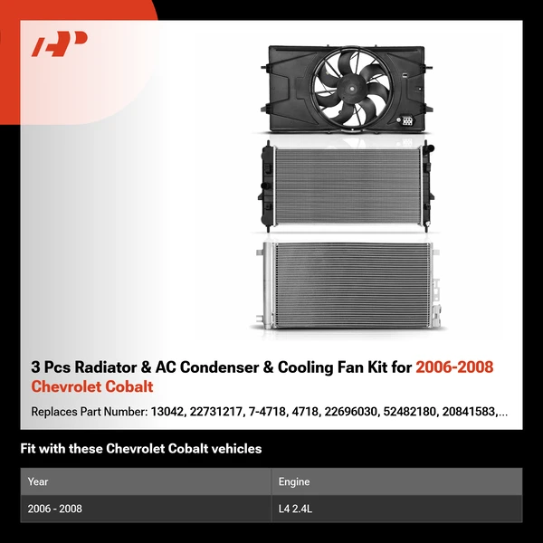 3 Pcs Radiator & AC Condenser & Cooling Fan Kit for 2006-2008 Chevrolet Cobalt
