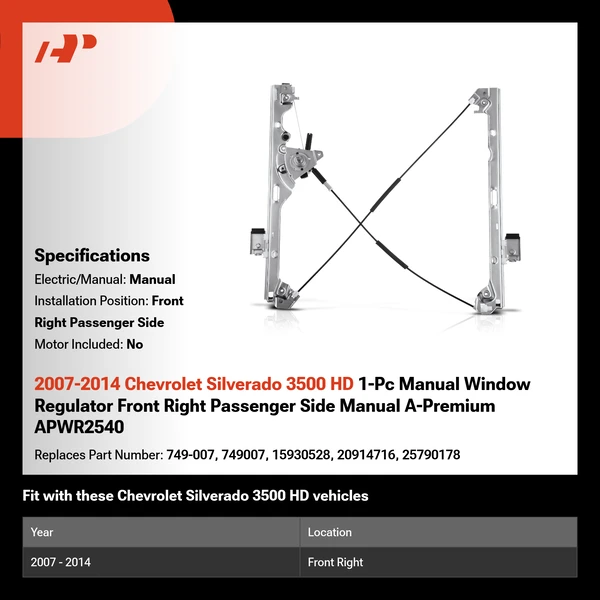 2007-2014 Chevrolet Silverado 3500 HD 1-Pc Manual Window Regulator Front Right Passenger Side Manual A-Premium APWR2540