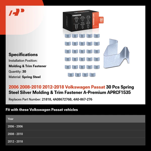 2006 2008-2010 2012-2018 Volkswagen Passat 30 Pcs Spring Steel Silver Molding & Trim Fastener A-Premium APRCF1535