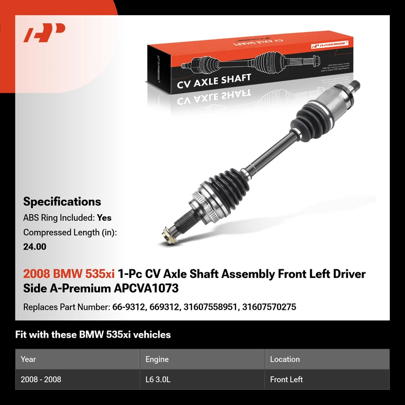 2008 BMW 535xi 1-Pc CV Axle Shaft Assembly Front Left Driver Side A-Premium APCVA1073