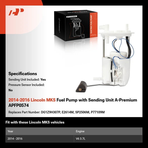 2014-2016 Lincoln MKS Fuel Pump with Sending Unit A-Premium APFP0574