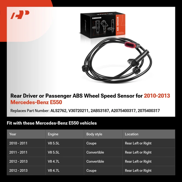 Rear Driver or Passenger ABS Wheel Speed Sensor for 2010-2013 Mercedes-Benz E550
