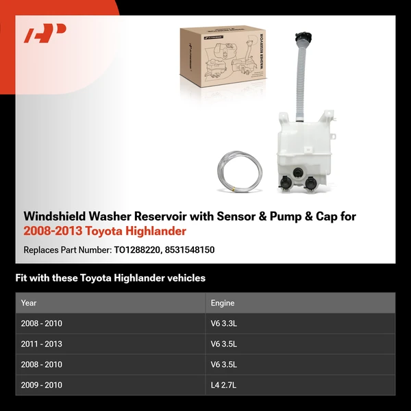 Windshield Washer Reservoir with Sensor & Pump & Cap for 2008-2013 Toyota Highlander