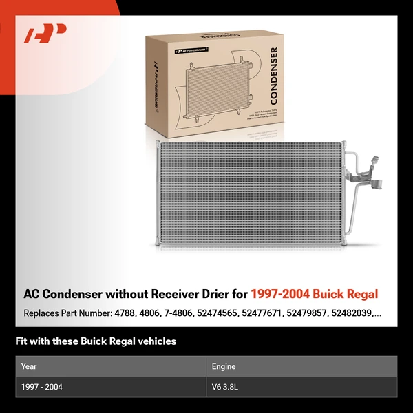 AC Condenser without Receiver Drier for 1997-2004 Buick Regal