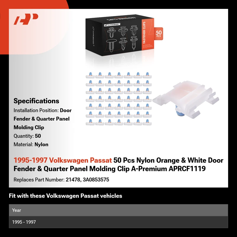 1995-1997 Volkswagen Passat 50 Pcs Nylon Orange & White Door Fender & Quarter Panel Molding Clip A-Premium APRCF1119