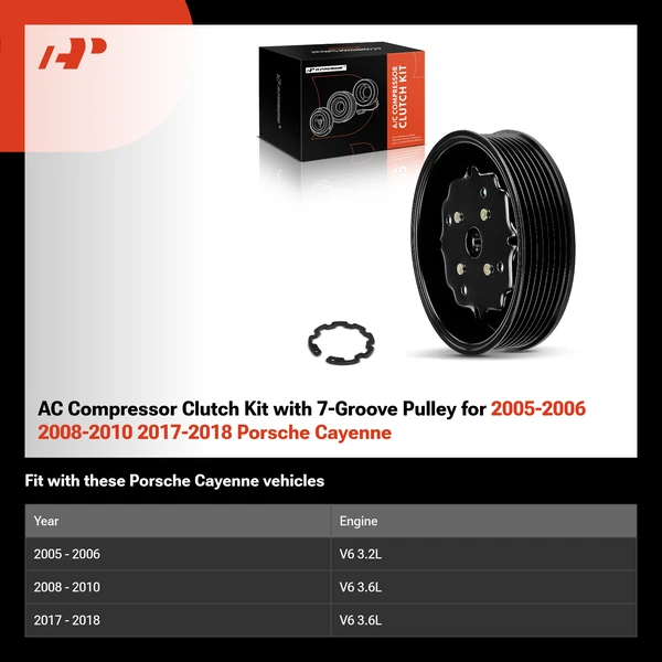 AC Compressor Clutch Kit with 7-Groove Pulley for 2005-2006 2008-2010 2017-2018 Porsche Cayenne