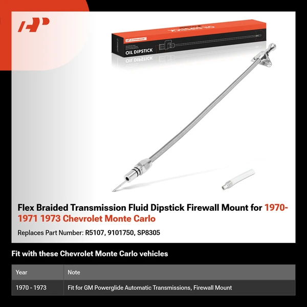 Flex Braided Transmission Fluid Dipstick Firewall Mount for 1970-1971 1973 Chevrolet Monte Carlo