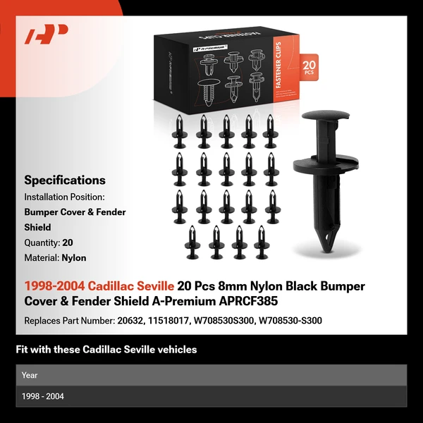 1998-2004 Cadillac Seville 20 Pcs 8mm Nylon Black Bumper Cover & Fender Shield A-Premium APRCF385