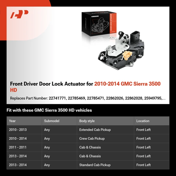 Front Driver Door Lock Actuator for 2010-2014 GMC Sierra 3500 HD