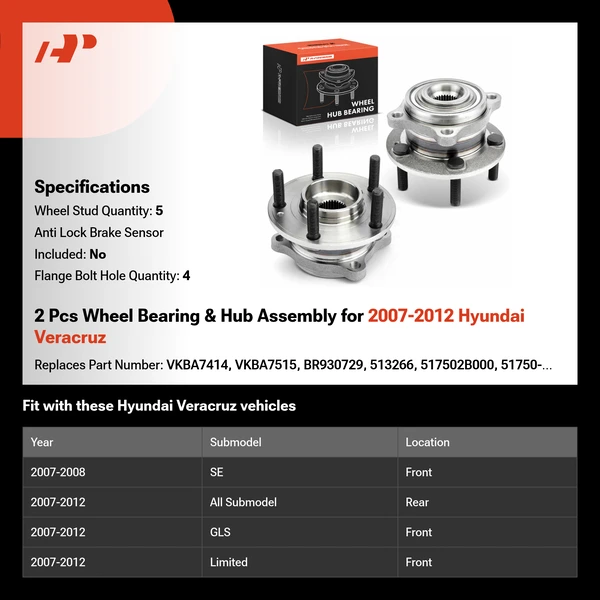 2 Pcs Wheel Bearing & Hub Assembly for 2007-2012 Hyundai Veracruz