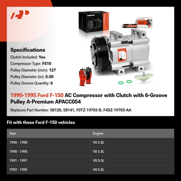 1990-1995 Ford F-150 AC Compressor with Clutch with 6-Groove Pulley A-Premium APACC054