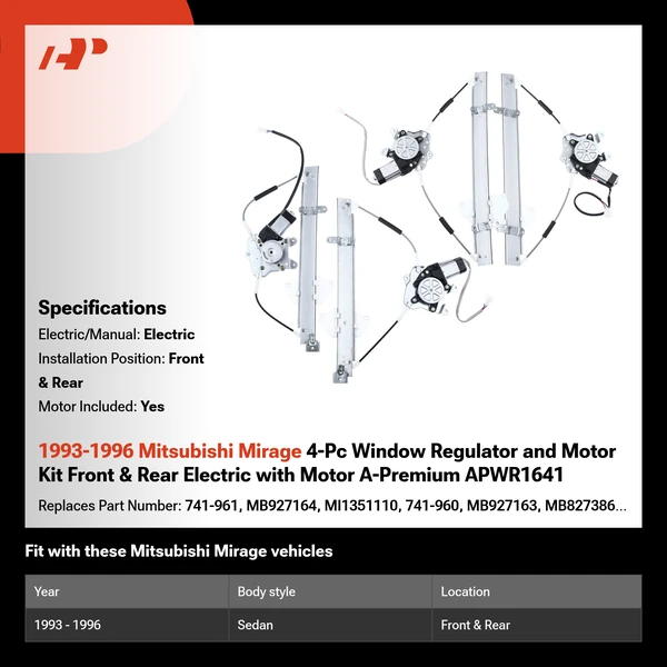 1993-1996 Mitsubishi Mirage 4-Pc Window Regulator and Motor Kit Front & Rear Electric with Motor A-Premium APWR1641