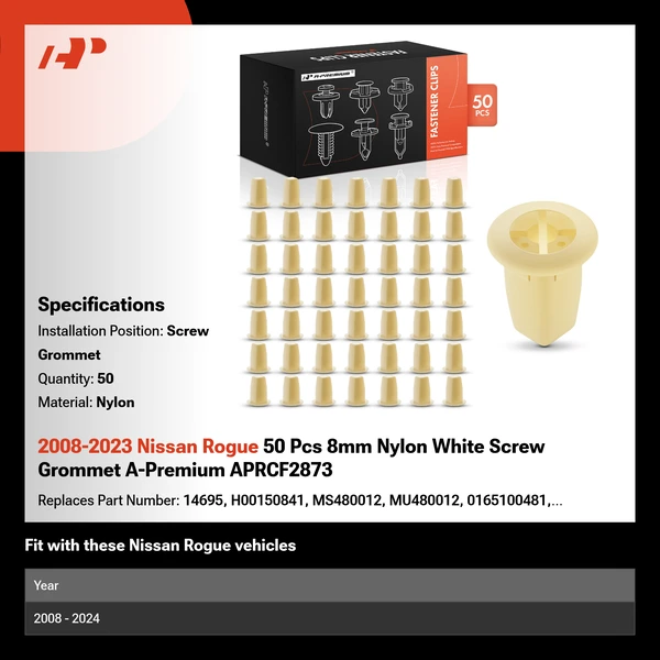 2008-2023 Nissan Rogue 50 Pcs 8mm Nylon White Screw Grommet A-Premium APRCF2873