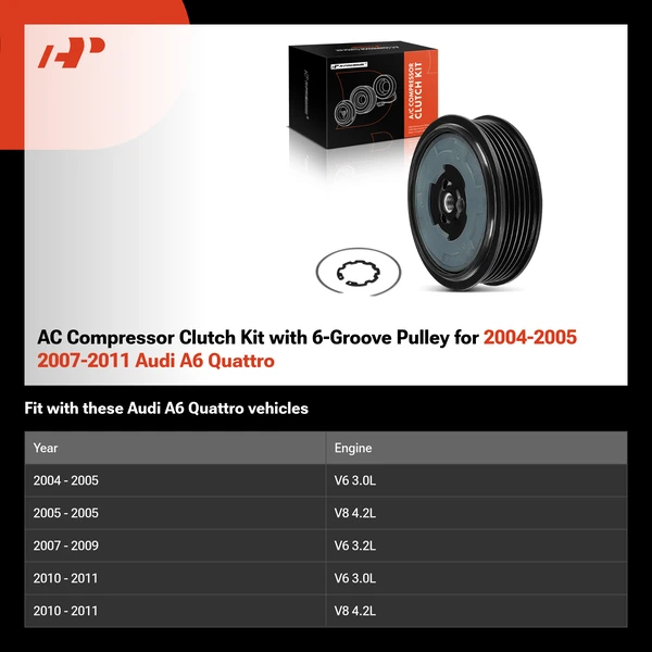 AC Compressor Clutch Kit with 6-Groove Pulley for 2004-2005 2007-2011 Audi A6 Quattro
