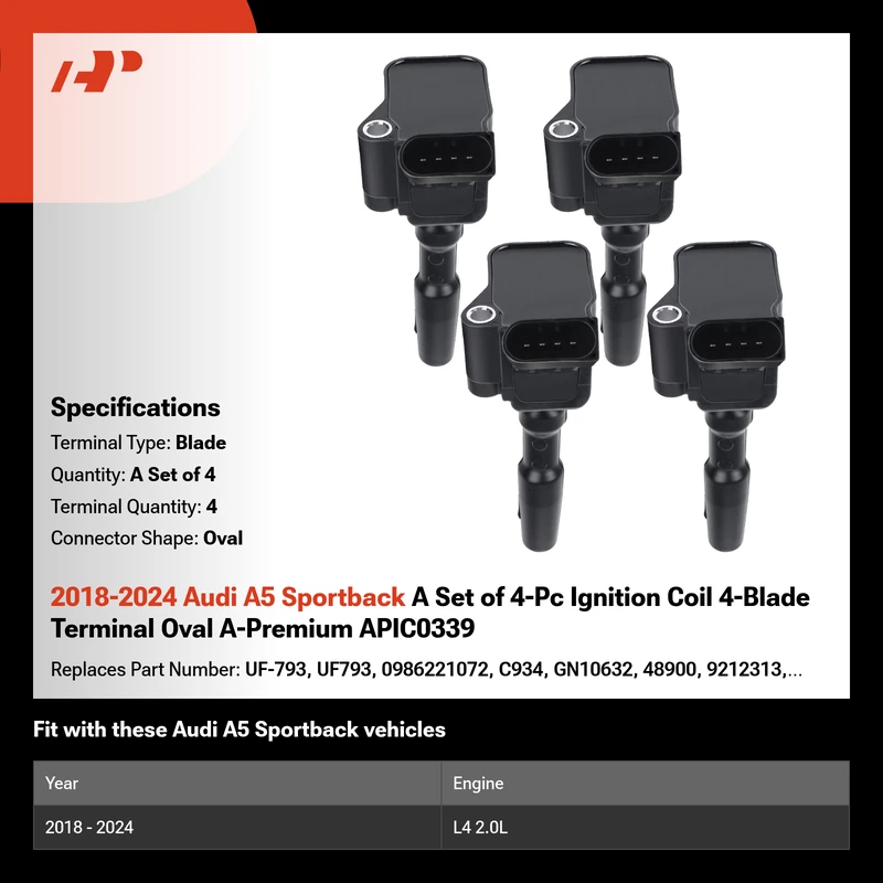 2018-2024 Audi A5 Sportback A Set of 4-Pc Ignition Coil 4-Blade Terminal Oval A-Premium APIC0339