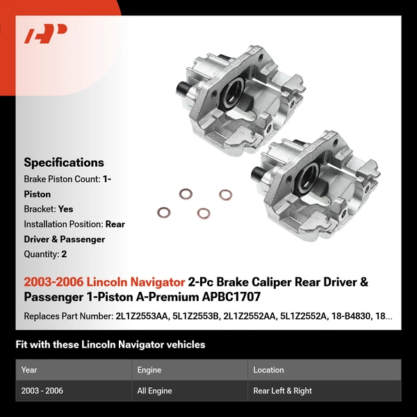 2003-2006 Lincoln Navigator 2-Pc Brake Caliper Rear Driver & Passenger 1-Piston A-Premium APBC1707