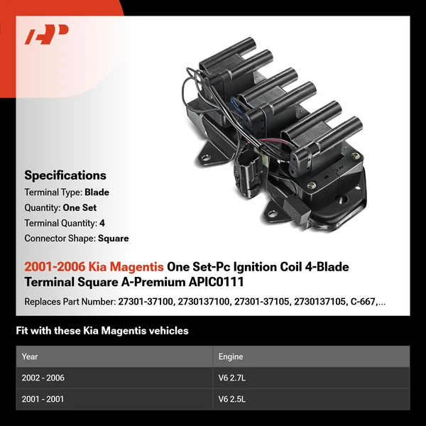 2001-2006 Kia Magentis One Set-Pc Ignition Coil 4-Blade Terminal Square A-Premium APIC0111