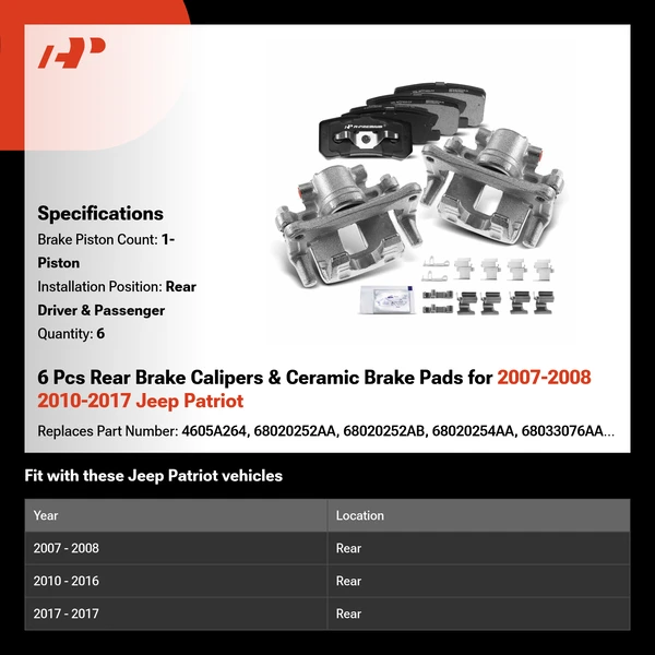 6 Pcs Rear Brake Calipers & Ceramic Brake Pads for 2007-2008 2010-2017 Jeep Patriot