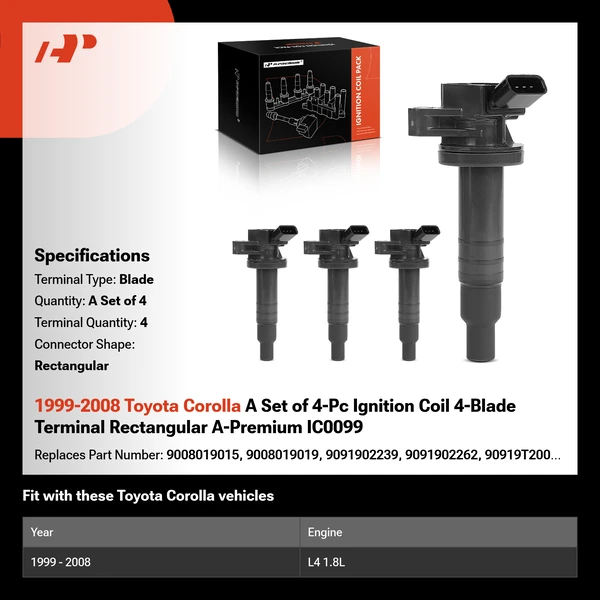 1999-2008 Toyota Corolla A Set of 4-Pc Ignition Coil 4-Blade Terminal Rectangular A-Premium IC0099