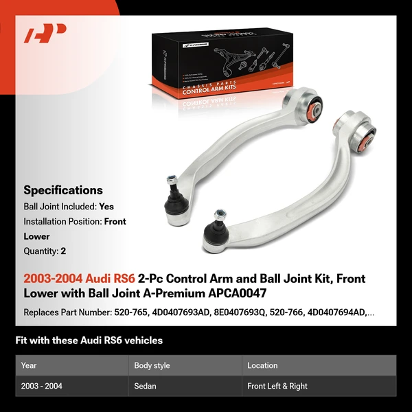 2003-2004 Audi RS6 2-Pc Control Arm and Ball Joint Kit, Front Lower with Ball Joint A-Premium APCA0047