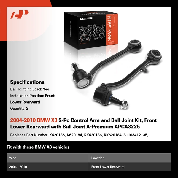 2004-2010 BMW X3 2-Pc Control Arm and Ball Joint Kit, Front Lower Rearward with Ball Joint A-Premium APCA3225