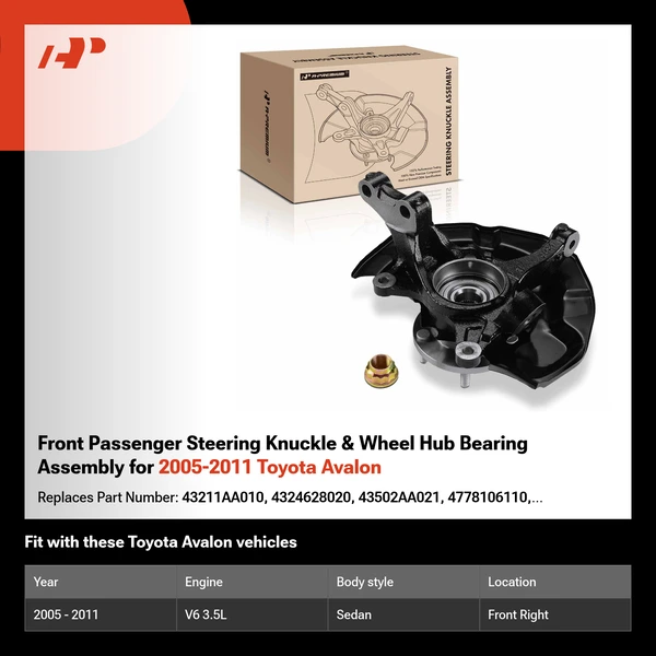 Front Passenger Steering Knuckle & Wheel Hub Bearing Assembly for 2005-2011 Toyota Avalon