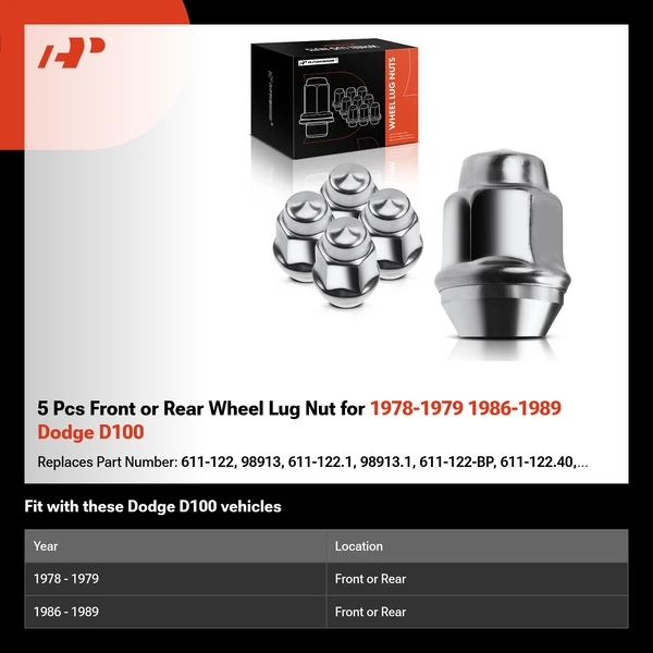 5 Pcs Front or Rear Wheel Lug Nut for 1978-1979 1986-1989 Dodge D100