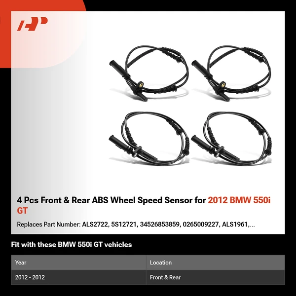 4 Pcs Front & Rear ABS Wheel Speed Sensor for 2012 BMW 550i GT