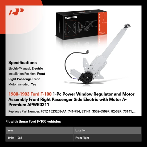 1980-1983 Ford F-100 1-Pc Power Window Regulator and Motor Assembly Front Right Passenger Side Electric with Motor A-Premium APWR0311
