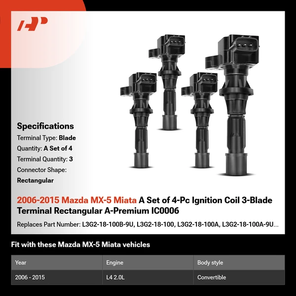 2006-2015 Mazda MX-5 Miata A Set of 4-Pc Ignition Coil 3-Blade Terminal Rectangular A-Premium IC0006