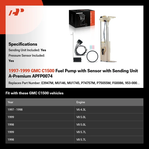 1997-1999 GMC C1500 Fuel Pump with Sensor with Sending Unit A-Premium APFP0074