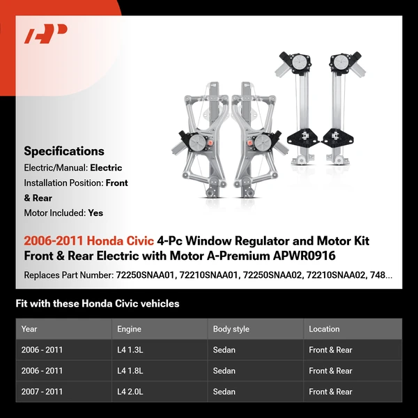 2006-2011 Honda Civic 4-Pc Window Regulator and Motor Kit Front & Rear Electric with Motor A-Premium APWR0916