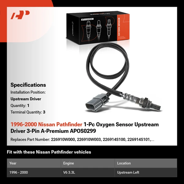1996-2000 Nissan Pathfinder 1-Pc Oxygen Sensor Upstream Driver 3-Pin A-Premium APOS0299