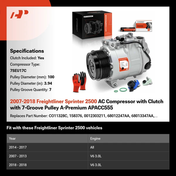 2007-2018 Freightliner Sprinter 2500 AC Compressor with Clutch with 7-Groove Pulley A-Premium APACC555
