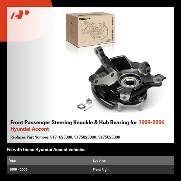 Front Passenger Steering Knuckle & Hub Bearing for 1999-2006 Hyundai Accent