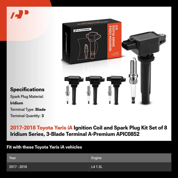 2017-2018 Toyota Yaris iA Ignition Coil and Spark Plug Kit Set of 8 Iridium Series, 3-Blade Terminal A-Premium APIC0852