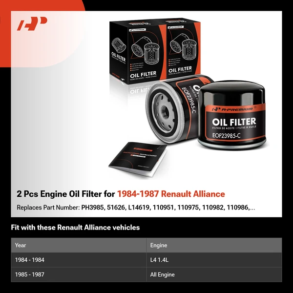 2 Pcs Engine Oil Filter for 1984-1987 Renault Alliance