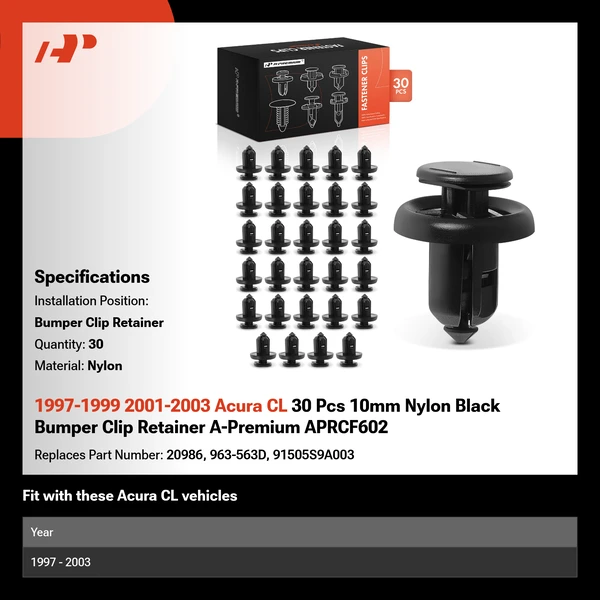1997-1999 2001-2003 Acura CL 30 Pcs 10mm Nylon Black Bumper Clip Retainer A-Premium APRCF602