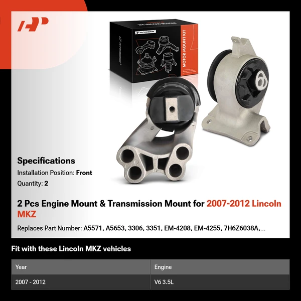 2 Pcs Engine Mount & Transmission Mount for 2007-2012 Lincoln MKZ